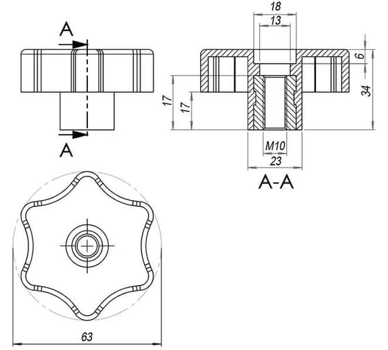 Звездообразная ручка со сквозной резьбой EMES  PTB6D6310