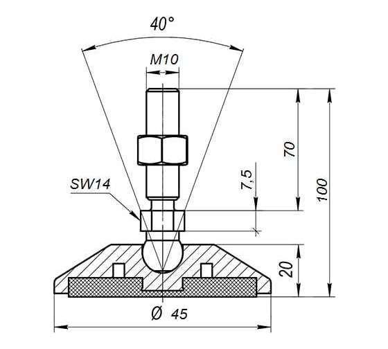 Шарнирная антискользящая опора Алтервиа M10x70 до 500 кг A00023.11104510070