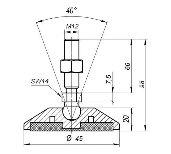 Шарнирная антискользящая опора Алтервиа M12x66 до 800 кг A00023.11104512066