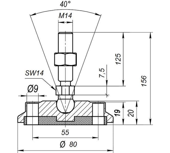 Шарнирная антискользящая опора Алтервиа M14x125 до 900 кг A00024.11108014125