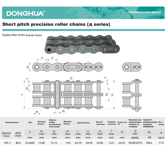 Цепь DONGHUA 80-2 DH 198 звеньев 2ПР-25,4-114 1651