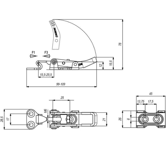 Натяжная защелка KUKAMET, усилие 165 кг 361-2-K-T