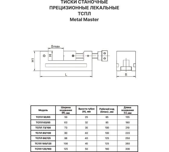 Тиски станочные прецизионные лекальные METALMASTER ТСПЛ 88/125 23388