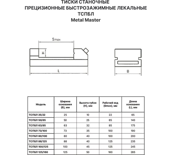 Тиски станочные прецизионные быстрозажимные лекальные METALMASTER ТСПБЛ 63/85 23393