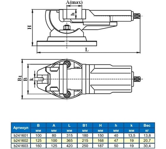 Поворотные глобусные станочные тиски GRIFF серия QHK 125 мм 004447