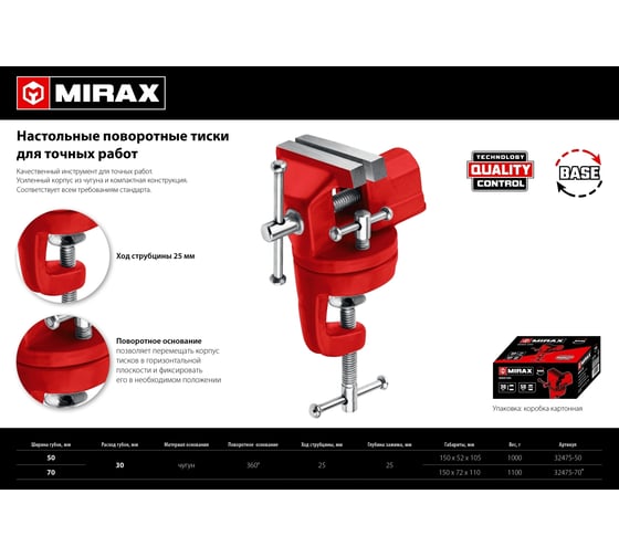 Настольные поворотные тиски для точных работ MIRAX 50 мм 32475-50