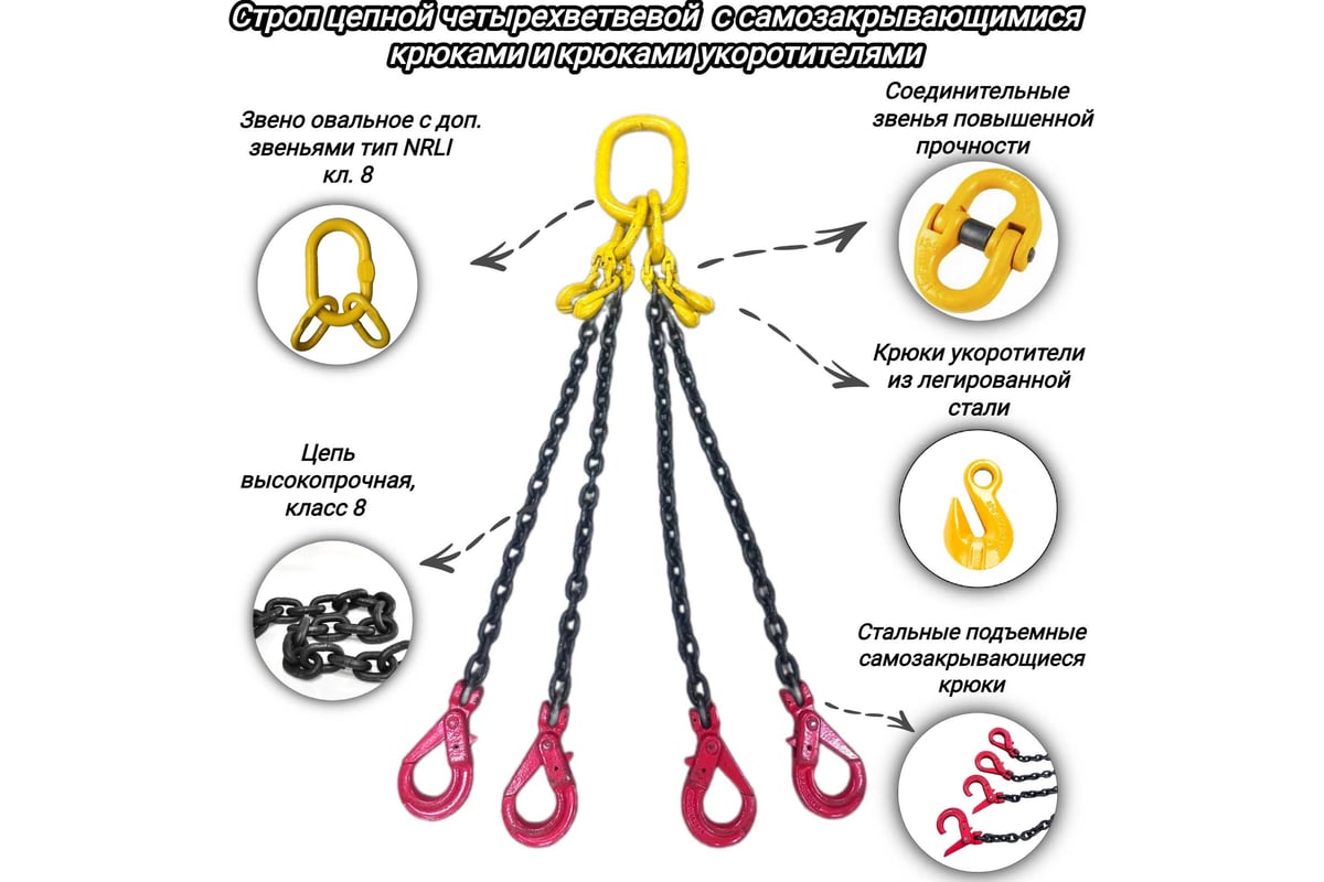 Цепной четырехветвевой строп с самозакрывающимися крюками и крюками ...