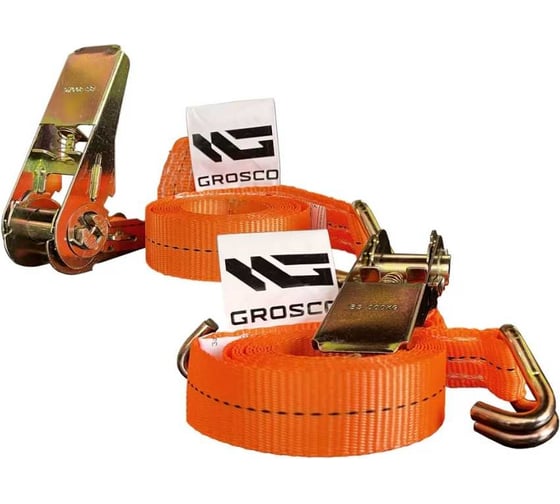 Комплект стяжных ремней с крюками Grosco 2 шт, 0.8-1.6 т, 5 м, 25 мм, с храповым механизмом RST00805C2 1