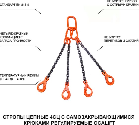Цепной строп LITELIFT 4СЦ 6,7т 2м с самозакрывающимися крюками четырехветвевой цепь 10x30 T8 G80 4sc6700t2s