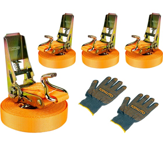 Стяжка для крепления груза с храповым механизмом TopAuto ТОП АВТО 4 штуки 1 тонна, 6 метров, ширина 25мм TA-1000-6-4