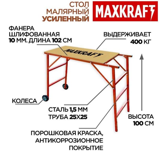 Стол малярный БХЗ Maxkraft 100 см, на колесах стм-100