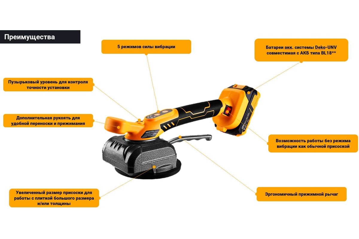 Аккумуляторная виброприсоска для укладки плитки DEKO DKTT20, 20В, 2x2.0Ач,  в кейсе 063-4377 - выгодная цена, отзывы, характеристики, фото - купить в  Москве и РФ