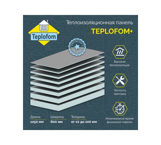 Теплоизоляционная панель Teplofom+ 1250x600x30 мм, односторонний слой, упаковка 4 шт. 4/30/1
