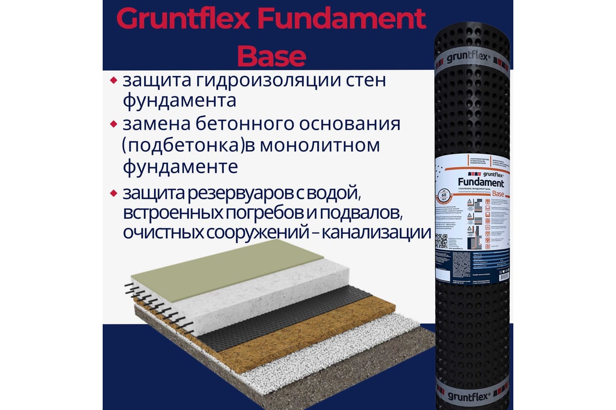 Профилированная мембрана Gruntflex Fundament Base 1х10 м, 10 кв.м  GRUFB.1.10 - выгодная цена, отзывы, характеристики, 1 видео, фото - купить  в Москве и РФ