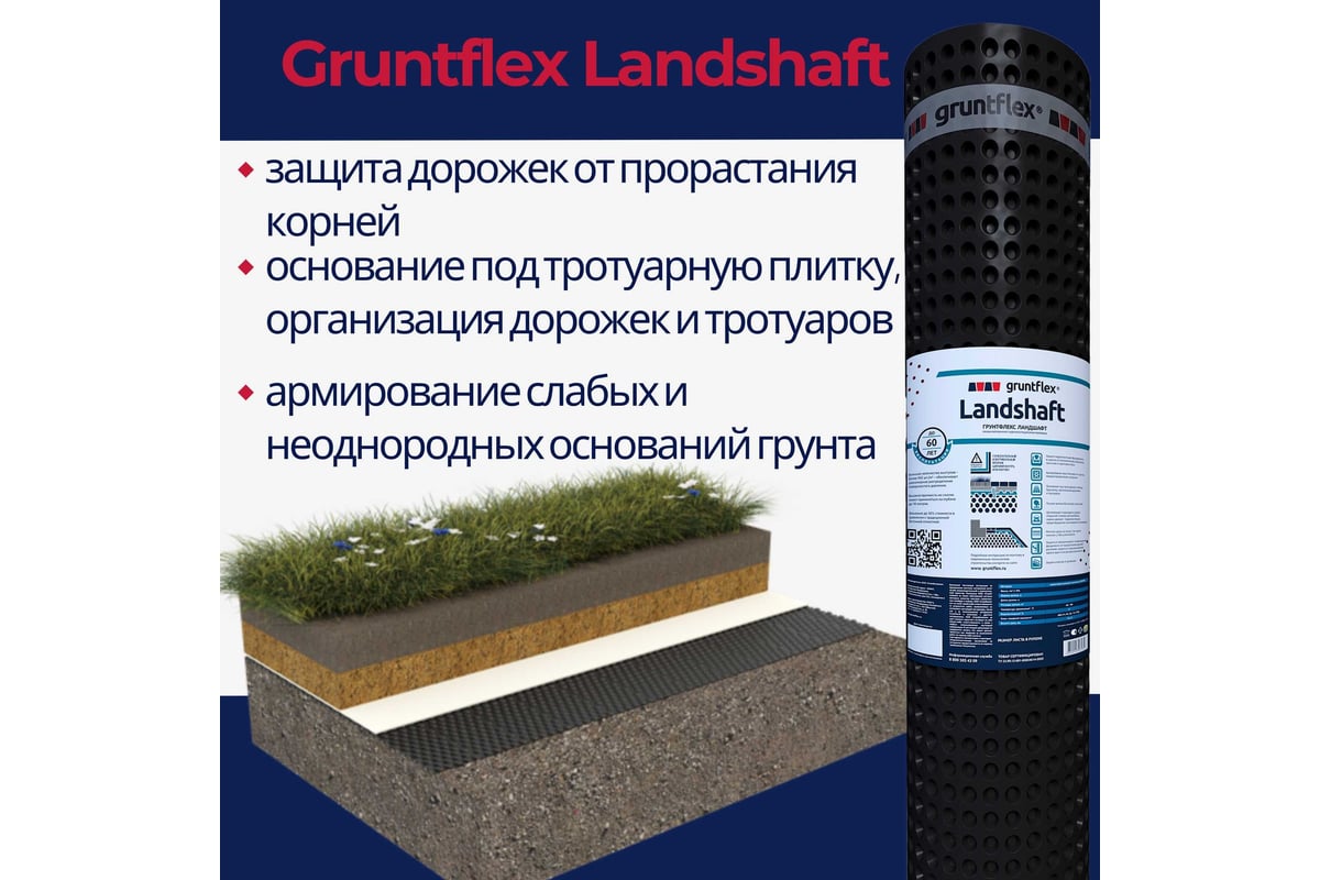 Профилированная мембрана Gruntflex Landshaft 2х20 м, 40 кв.м GRULA.2.40 -  выгодная цена, отзывы, характеристики, 1 видео, фото - купить в Москве и РФ