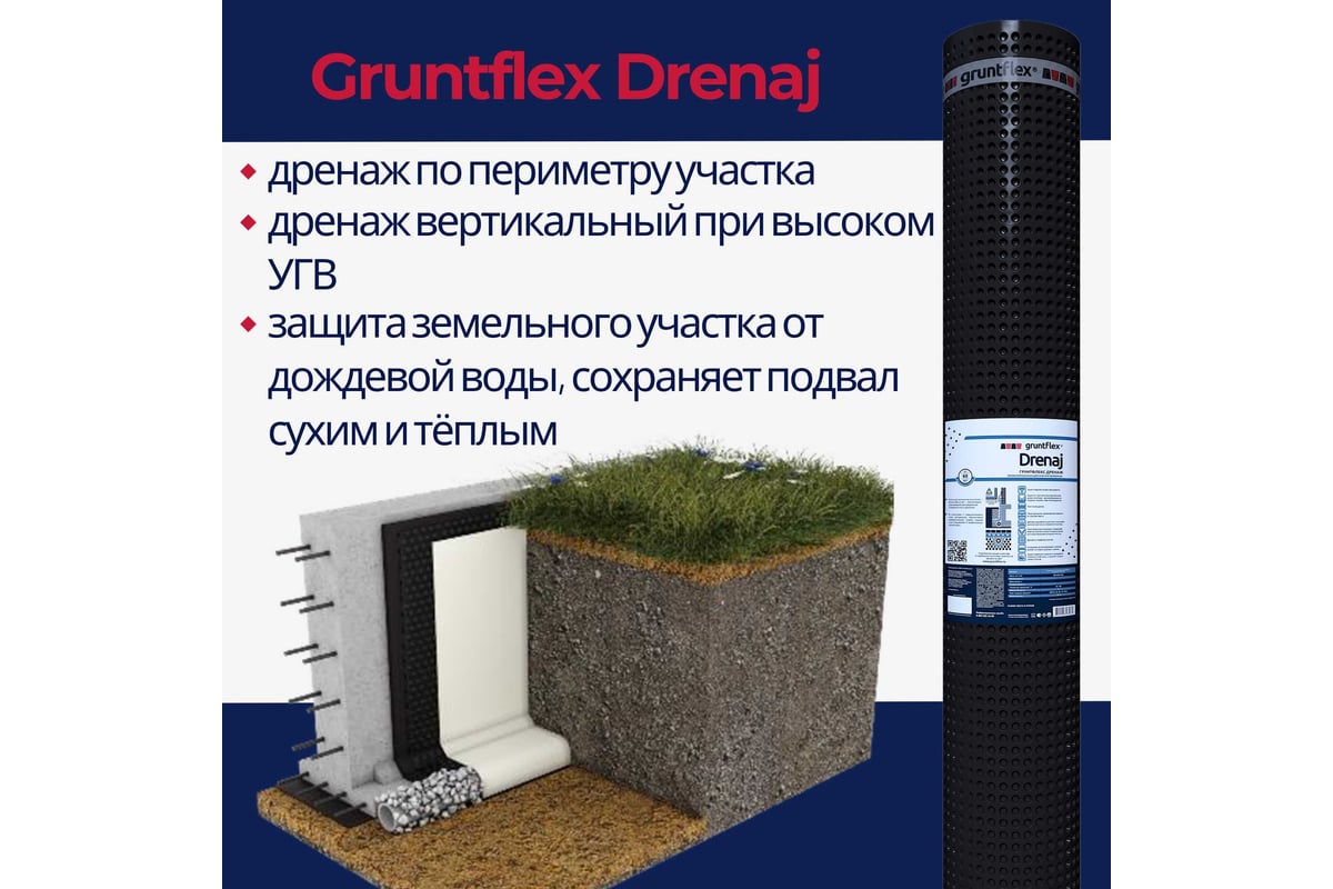 Профилированная мембрана с геотекстилем Gruntflex Drenaj 2х20 м, 40 кв.м  GRUDR.2.40 - выгодная цена, отзывы, характеристики, 1 видео, фото - купить  в Москве и РФ