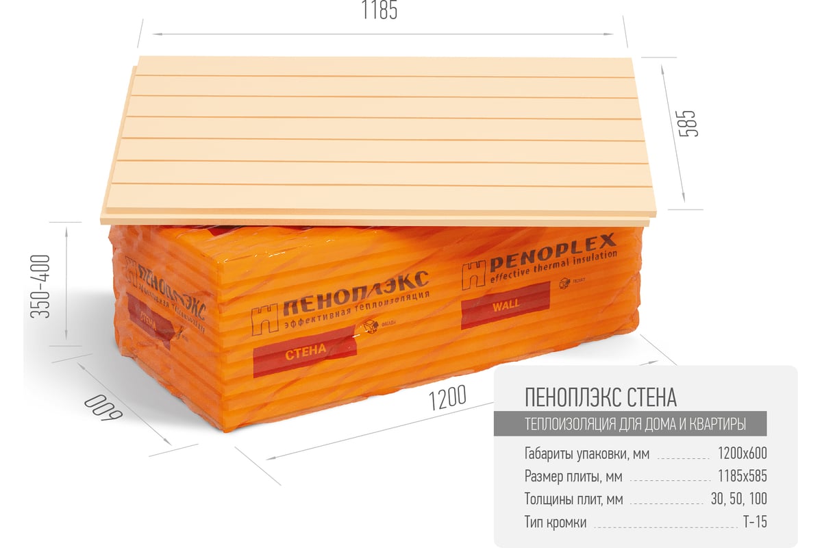 Экструдированный пенополистирол PENOPLEX стена; 100x585x1185 мм TU0-0003117