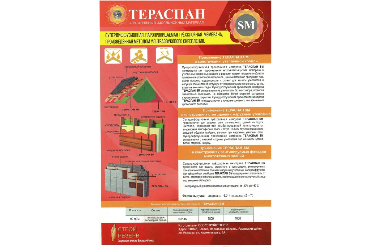 Супердиффузионная, паропроницаемая трехслойная мембрана ТЕРАСПАН SM 70 кв.  м 4660077150518