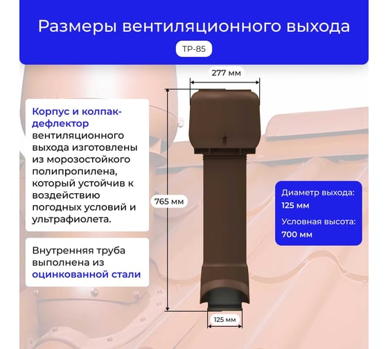 Вентиляционный комплект Татполимер TP-85.125/160 с утеплителем, для профлиста C-21, TP-87/C, коричневый 56764