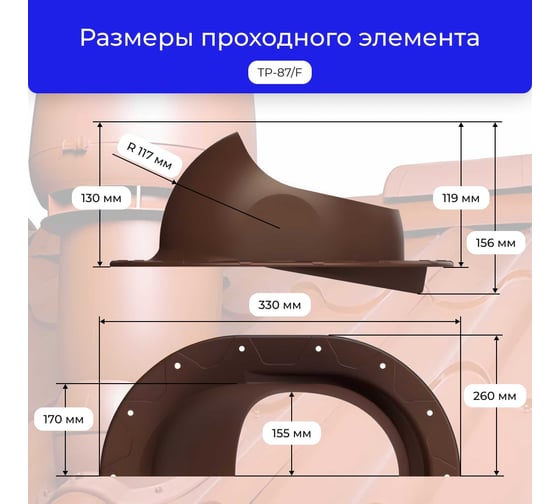 Вентиляционный комплект Татполимер TP-86.110/160 с утеплителем, для битумной и фальцевой кровли, TP-87/F, коричневый 56766