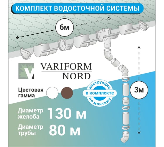 Комплект водосточной системы VN ПВХ белый G130 K1,5-L6H3W-VN