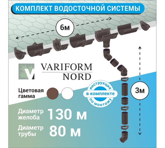 Комплект водосточной системы VN ПВХ коричневый G130 K1,5-L6H3B-VN