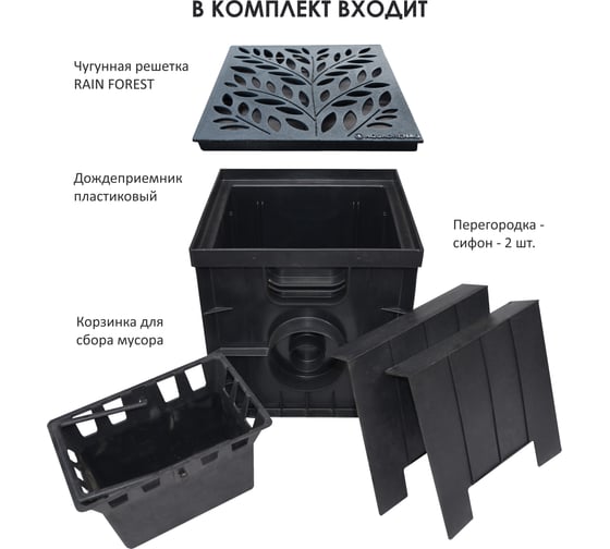 Комплект дождеприемник AQUADRENAG 300x300 с чугунной решеткой Rain Forest, корзинкой и перегородкой - сифоном CH303051