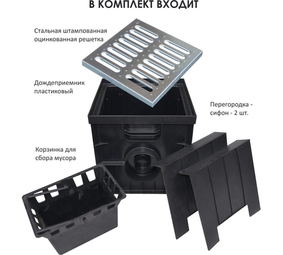 Комплект дождеприемник AQUADRENAG 300x300 с штампованной оцинкованной решеткой, корзинкой и перегородкой - сифоном H303051