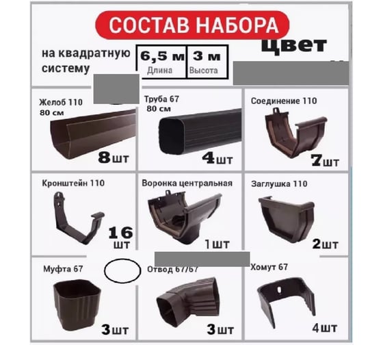 Комплект (набор) водосточной системы IMPLAST U110/67 (110 мм желоб, 67 мм труба), на 6.5 метра крыши, серый 6,5U-3G