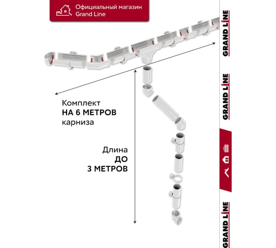 Комплект водосточных систем Grand Line Дизайн 135 ПВХ GL, 6м/3м белый, RAL 9003 742386