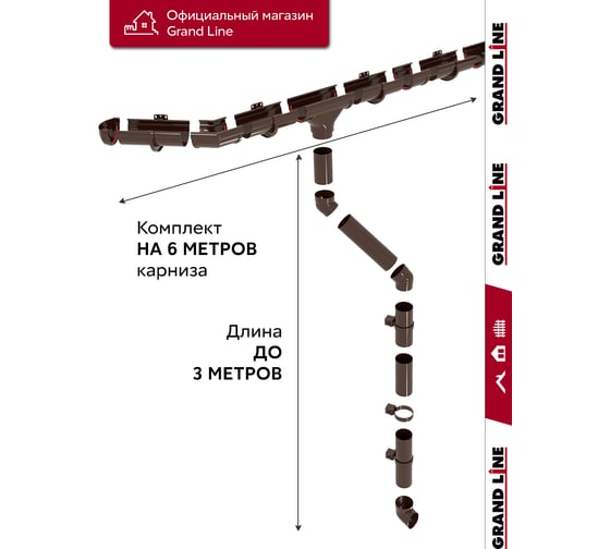 Комплект водосточных систем Grand Line Дизайн 135 ПВХ GL, 6м/3м шоколадная, RAL 8017 742465