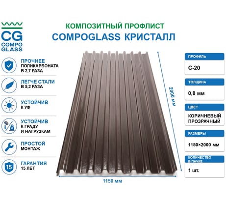 Композитный лист COMPOGLASS КРИСТАЛЛ трапеция С-20, прозрачный, коричневый, глянцевый, 0,8 мм, 1150х2000 мм CG-00010760