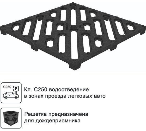Решетка водоприемная для дождеприемника Gidrolica 30x30x30 см, чугунная щелевая, кл. С250 205/2 1