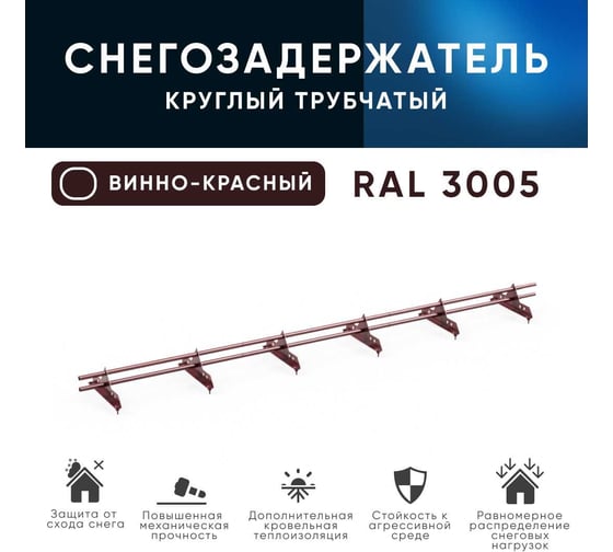Овальный трубчатый снегозадержатель на крышу KROVZAVOD оцинкованный, для металлочерепицы, профнастила, Ral 3005 винно-красный, 25x1.5 мм, L 1000 мм, комплект на 3 м/3 шт. по 1 м 3769239
