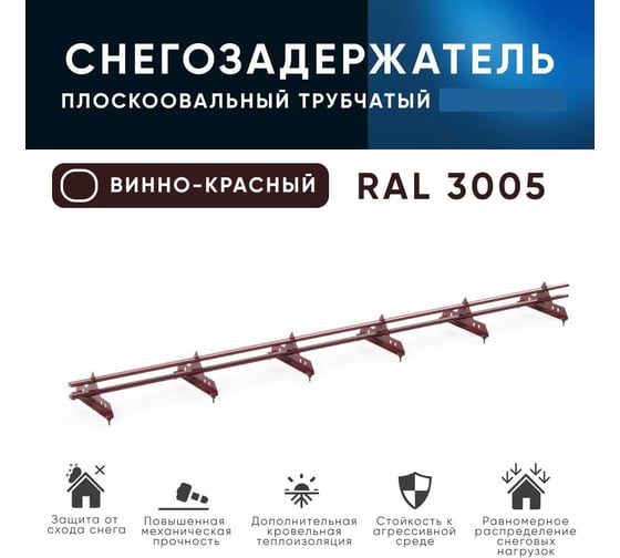 Трубчатый кровельный снегозадержатель на крышу KROVZAVOD для металлочерепицы, профнастила, цвет RAL 3005 винно-красный, 40/20x1.5 мм, комплект на 3 м/3 шт. по 1 м 3769277