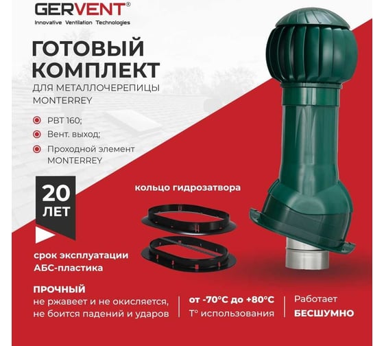 Комплект вентиляции для металлочерепицы Monterrey+ кольцо гидрозатвора Gervent зеленый КМ+КГ/зел