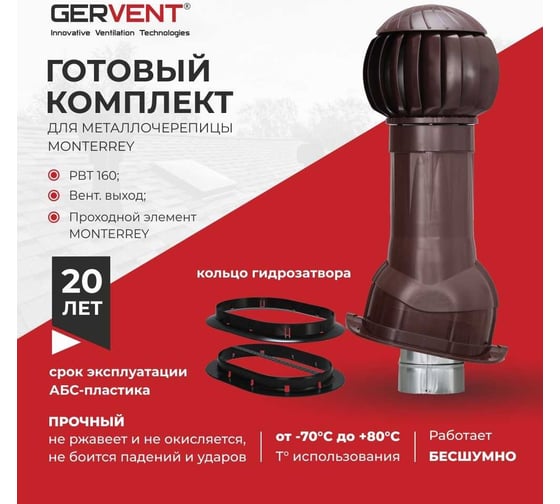 Комплект вентиляции для металлочерепицы Monterrey+ кольцо гидрозатвора Gervent коричневый КМ+КГ/кор