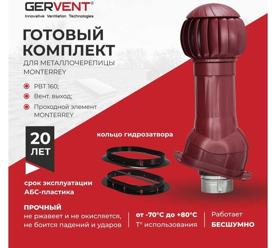 Комплект вентиляции для металлочерепицы Monterrey+ кольцо гидрозатвора Gervent малиновый КМ+КГ/мал