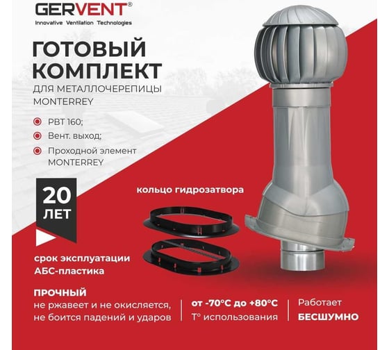Комплект вентиляции для металлочерепицы Monterrey+ кольцо гидрозатвора Gervent серебряный КМ+КГ/сереб