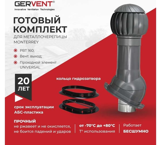 Комплект вентиляции для металлочерепицы Monterrey+ кольцо гидрозатвора Gervent серый КМ+КГ/сер