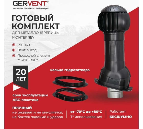 Комплект вентиляции для металлочерепицы Monterrey+ кольцо гидрозатвора Gervent черный КМ+КГ/черн