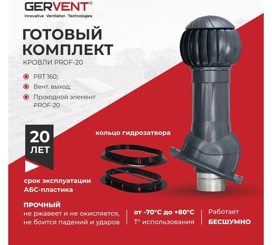 Комплект вентиляции ПРОФ 20 + кольцо гидрозатвора Gervent графит КП20+КГ/граф