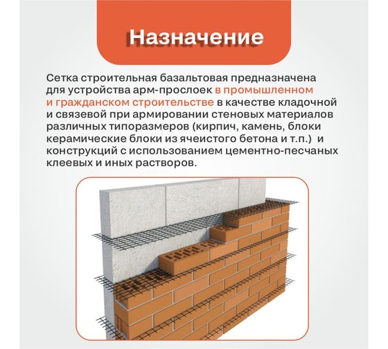 Сетка кладочная базальтовая Block 25x25 мм, 50 кН/м, 0,36x50, 18м2 Obern 22299