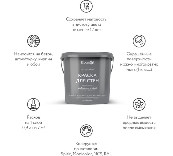 Акриловая краска Elcon премиум-класса, декоративная, моющаяся, быстросохнущая, для стен, обоев, потолка, бетона, кирпича, дерева, пудра, 0.9 л 00-00463239