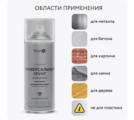 Грунтовка в баллончике Elcon алкидная высокопрочная серый, аэрозоль 520 мл 00-00463216