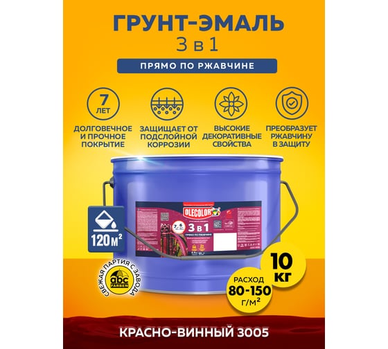 Грунт-эмаль по ржавчине Olecolor 3 в 1 винно-красный 3005 (10 кг) 4300013128