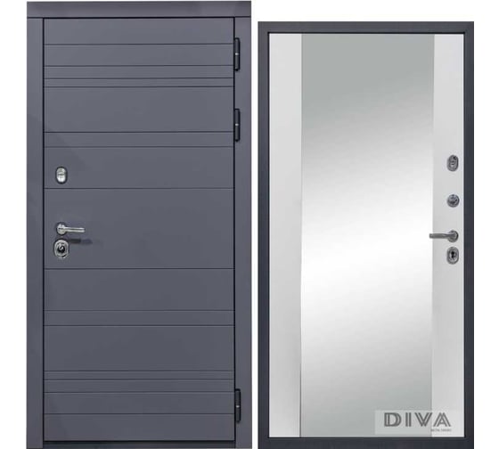 Дверь DIVA МД-39 зеркало, 2050x960 мм, правая, Серая-Д15 Белый Софт УТ-00075439