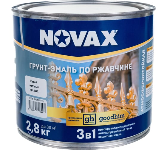 Грунт эмаль Goodhim NOVAX 3в1, серый RAL 7042, матовая, 2,8 кг 10991