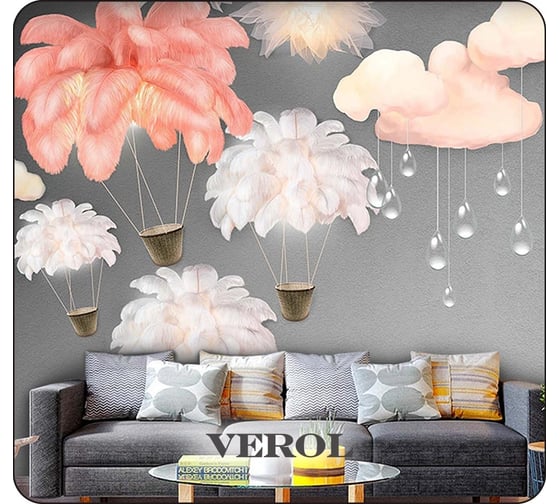 Флизелиновые фотообои Verol "перья" 300x283 см, серый 3 полосы 115-ФФО-05761