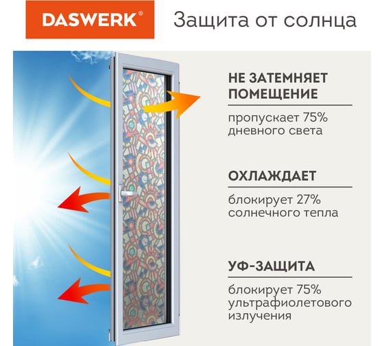 Самоклеящаяся статическая пленка на окно DASWERK без клея, солнцезащитная, 75x150 см, авангард 608586